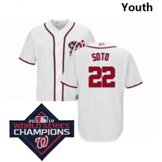Youth Washington Nationals 22 Juan Soto White Home Cool Base Baseball Stitched 2019 World Series Champions Patch Jersey